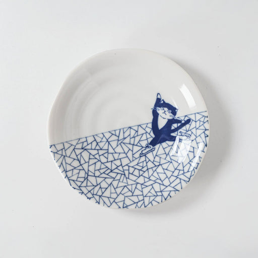Shichita Someneko Hyoretsumon Blue Cat Plate Kozara 5.1" dia