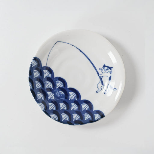 Shichita Someneko Seikaiha Blue Cat Plate Kozara 5.1" dia