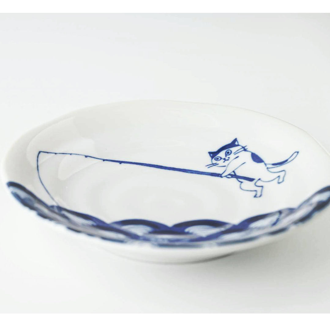 Shichita Someneko Seikaiha Blue Cat Plate Kozara 5.1