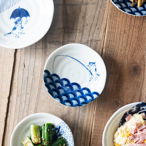 Shichita Someneko Seikaiha Blue Cat Plate Kozara 5.1" dia