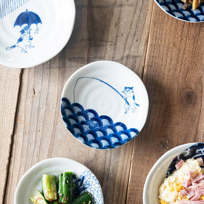 Shichita Someneko Seikaiha Blue Cat Plate Kozara 5.1" dia