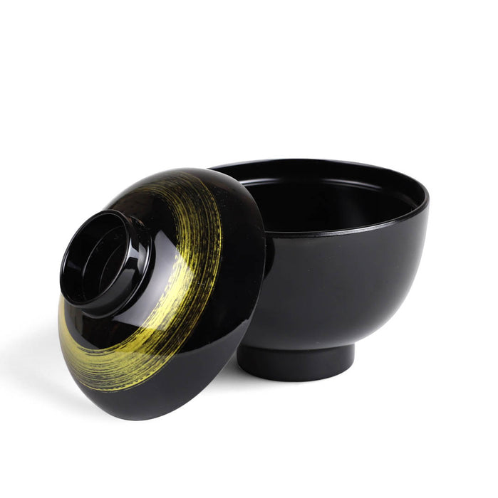 Gold Brushstroke Black Miso Soup Bowl with Lid 8 fl oz / 4.1" dia