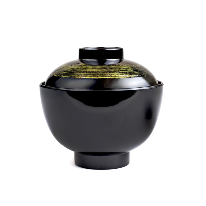 Gold Brushstroke Black Miso Soup Bowl with Lid