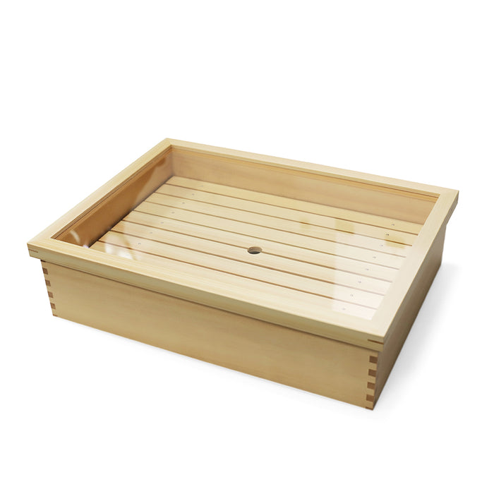 Wooden Sushi Neta Box with Stainless Steel Tray & Clear Lid 17.5" x 12.9"