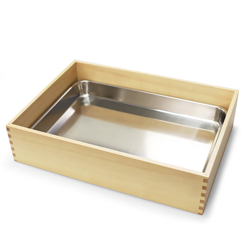 Wooden Sushi Neta Box with Stainless Steel Tray & Clear Lid 17.5" x 12.9" - Inside Tray