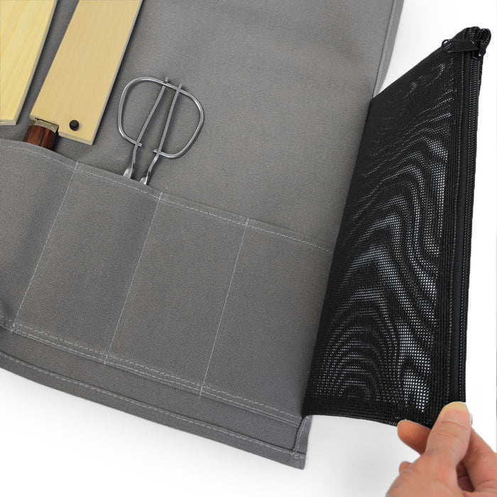 Canvas 6 Slots Knife Roll with Utility Pouch - Carbon Gray