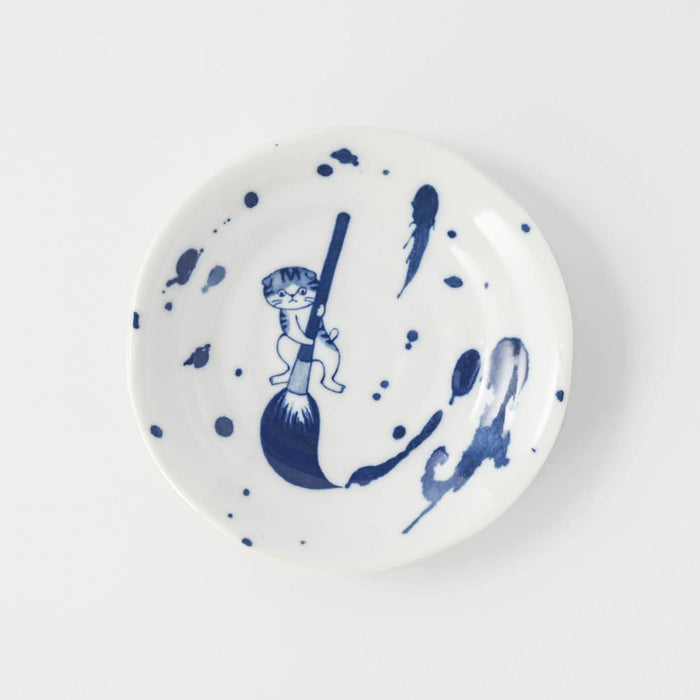 Shichita Someneko Fukisumi Blue Cat Plate Kozara 5.1" dia
