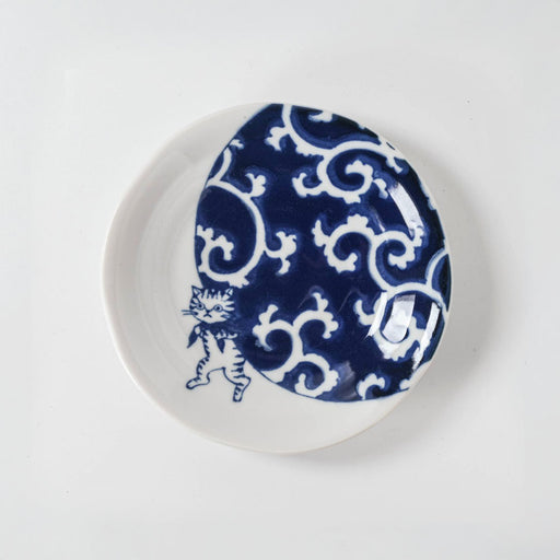 Shichita Someneko Karakusa Blue Cat Plate Kozara 5.1" dia
