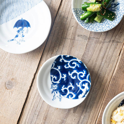 Shichita Someneko Karakusa Blue Cat Plate Kozara 5.1" dia