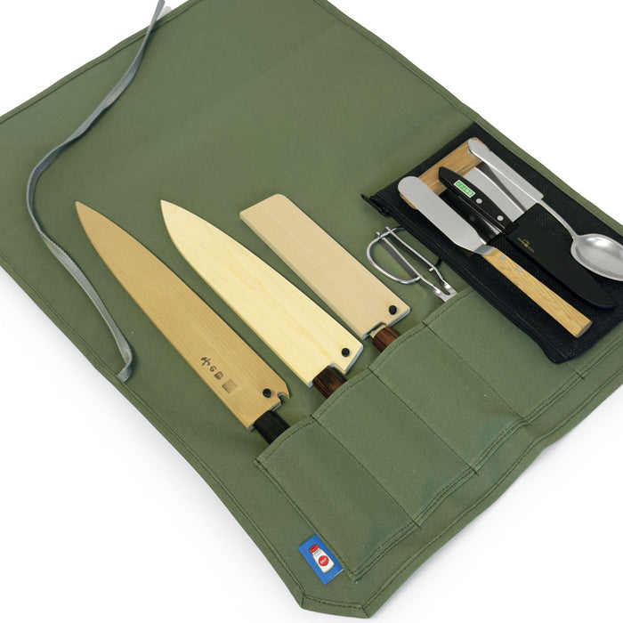 Canvas 6 Slots Knife Roll with Utility Pouch - Sage Green