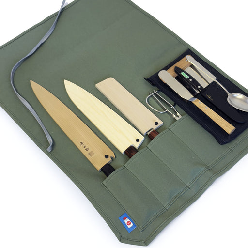 Canvas 6 Slots Knife Roll with Utility Pouch Sage Green