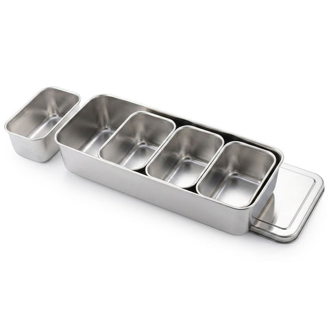 4-Compartment Stainless Steel Half Yakumi Mise En Place Pan Set - Row Layout