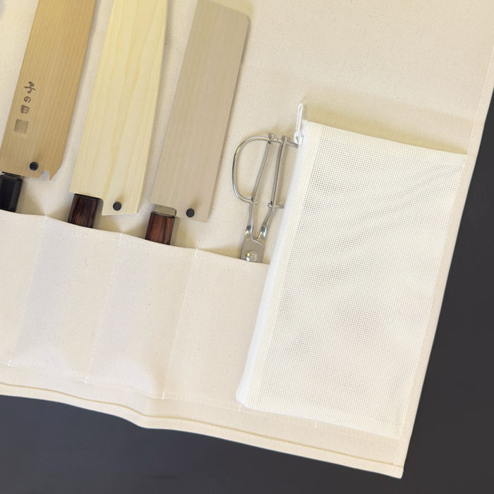 Canvas 6 Slots Knife Roll with Utility Pouch - Natural White