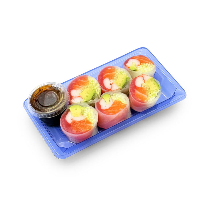 SA-501 PET Clear Blue Takeout Sushi Tray 6.5" x 3.5" with Sashimi Rolls