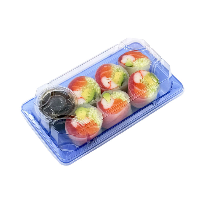 SA-501 PET Clear Blue Takeout Sushi Tray 6.5" x 3.5" with Sashimi Rolls