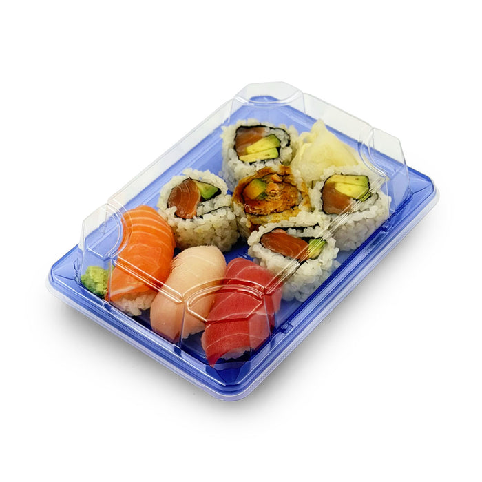 SA-503 PET Clear Blue Takeout Sushi Tray 6.5" x 4.5" with Roll Sushi and Nigiri Sushi