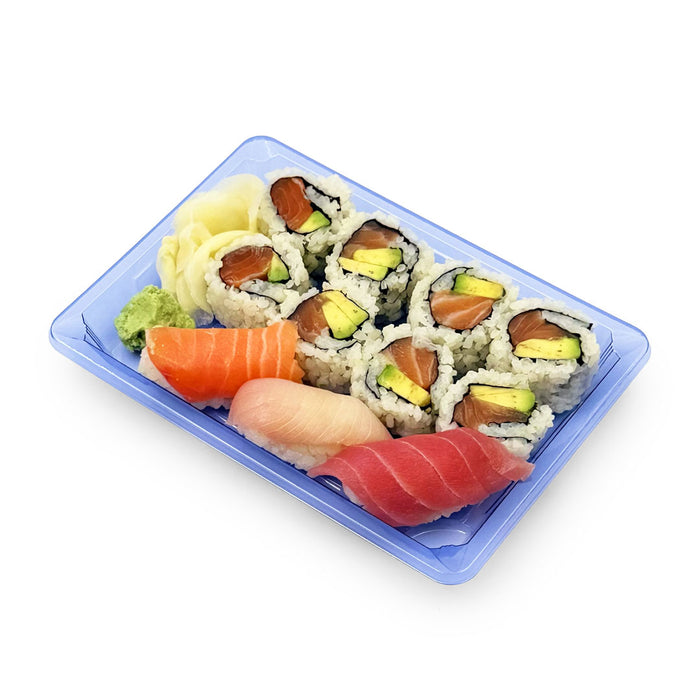 SA-504 PET Clear Blue Takeout Sushi Tray 7.3" x 5.1" with Roll Sushi & Nigiri Sushi