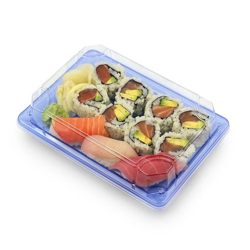 SA-504 PET Clear Blue Takeout Sushi Tray 7.3" x 5.1" with Roll Sushi & Nigiri Sushi