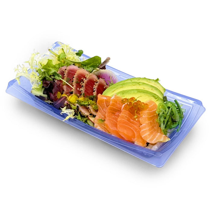 SA-30 PET Clear Blue Takeout Sushi Tray 9.4" x 4.6" with Sashimi