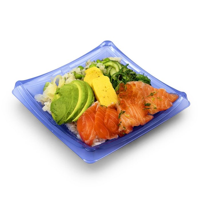 SA-40 PET Clear Blue Square Takeout Sushi Tray 7.25" x 7.25" with Chirashi Sushi