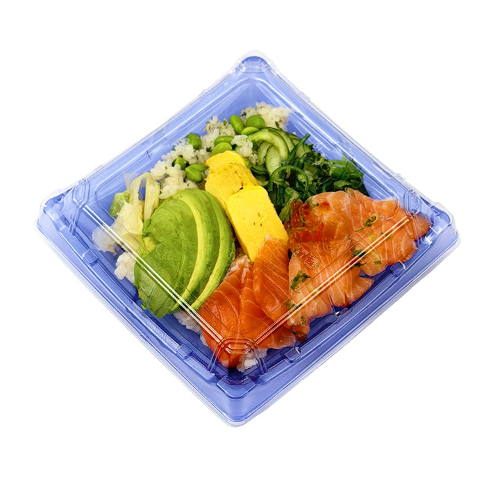SA-40 PET Clear Blue Square Takeout Sushi Tray 7.25" x 7.25" with Chirashi Sushi