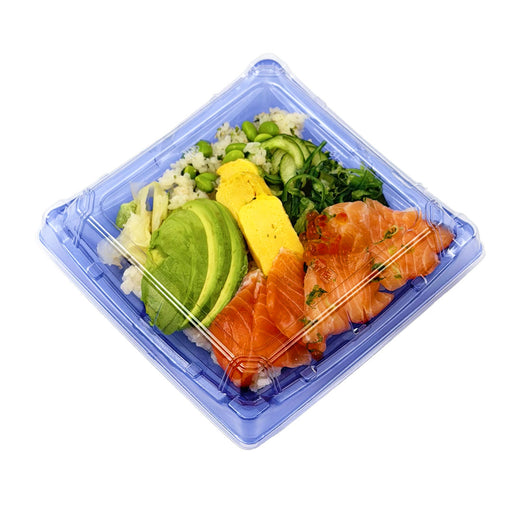 SA-40 PET Clear Blue Square Takeout Sushi Tray 7.3" x 7.3" with Chirashi Sushi