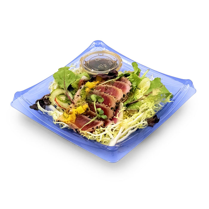 SA-40 PET Clear Blue Square Takeout Sushi Tray 7.25" x 7.25" with Sashimi Salad