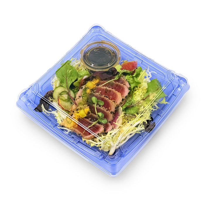 SA-40 PET Clear Blue Square Takeout Sushi Tray 7.25" x 7.25" with Sashimi Salad