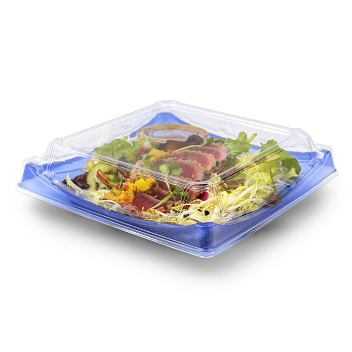 SA-40 PET Clear Blue Square Takeout Sushi Tray 7.25" x 7.25" with Sashimi Salad