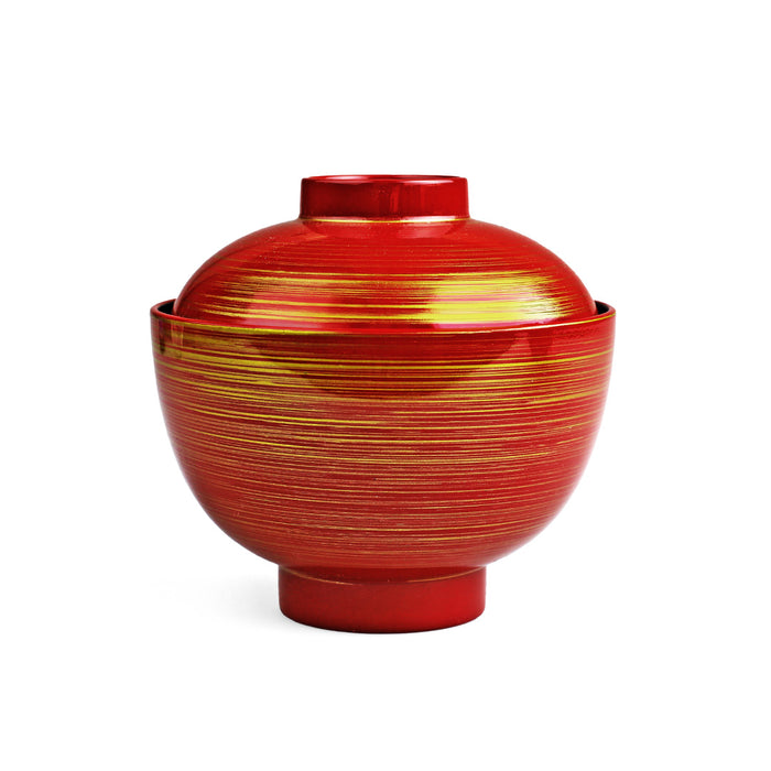 Gold Brushstroke Red Miso Soup Bowl with Lid