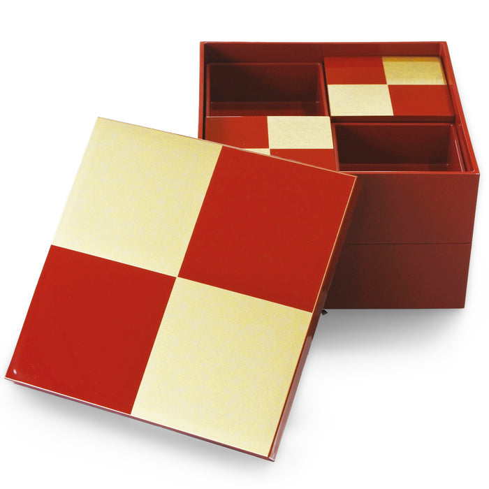 2-Tier Ojyu Box Red x Gold Ichimatsu Design with 4 Inner Compartments & 2 Inner Lids