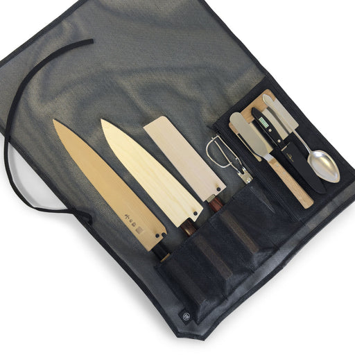 Mesh 6 Slots Knife Roll with Utility Pouch - Jet Black