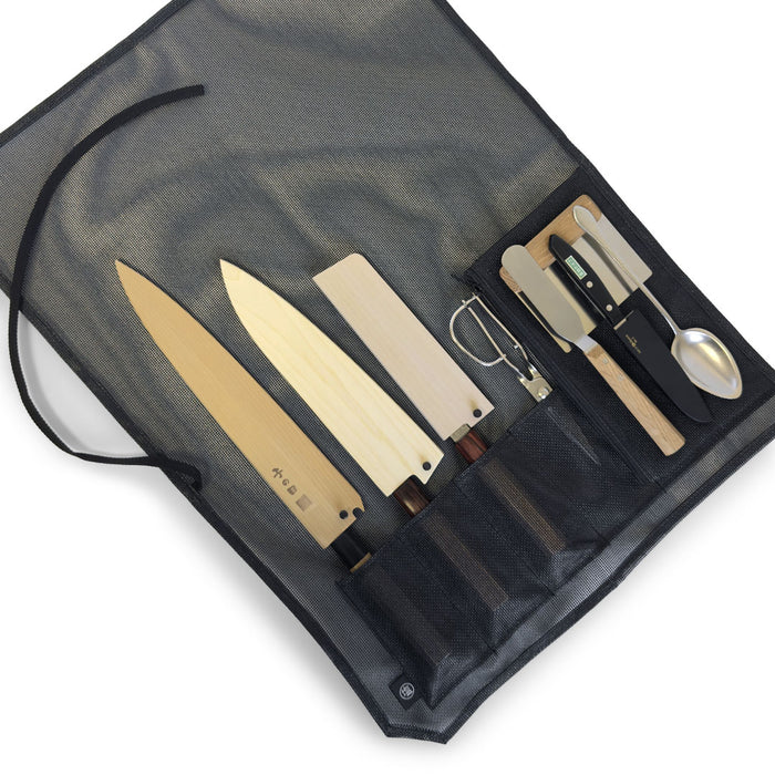 Mesh 6 Slots Knife Roll with Utility Pouch - Jet Black