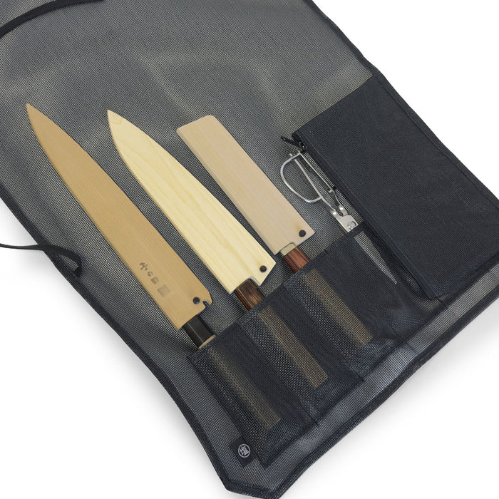 Mesh 6 Slots Knife Roll with Utility Pouch - Jet Black