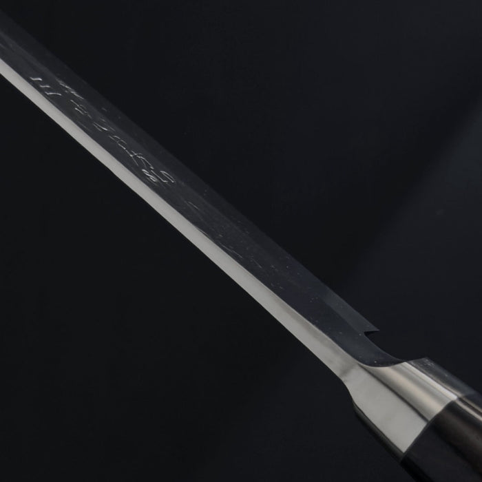Tadafusa SLD Sujihiki 240mm Hammered Ebony Handle Spine at Heel