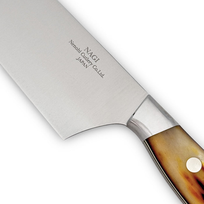 Nenohi Nagi Gyuto 210mm (8.2") Amber Jigged Bone Handle - Back Logo