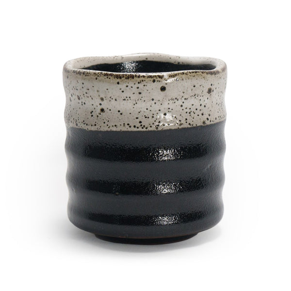 Tenmoku Glazed Black Yunomi Teacup with White Overlay 13.5 fl oz