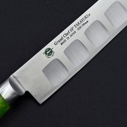 Sakai Takayuki Grand Chef SP Type III Sujihiki 240mm Jungle-Green Stabilized Hybrid Resin Handle Engraved