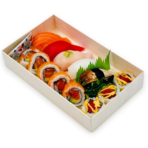 Wooden Rectangular Takeout Sushi Container Large Wide 9" x 5.5" (25/pack) - W/ Lid