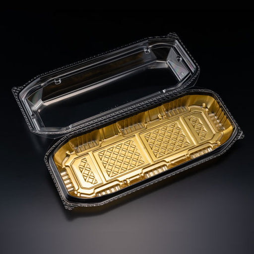 BioPET Neo Shell Hinged Gold Take-Out Sushi Tray 9.6" x 4.1" (400/case)