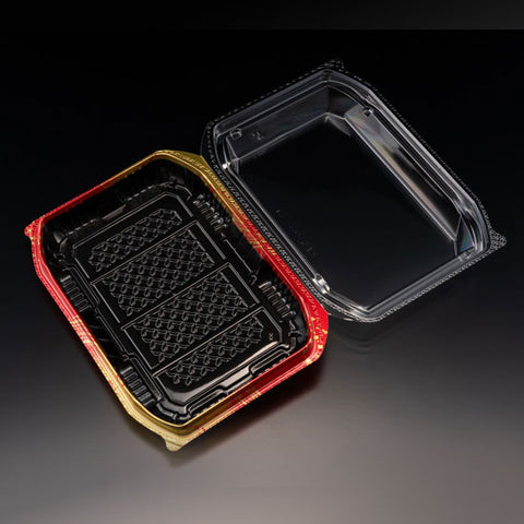 [Clearance] BioPET Neo Shell Hinged Black/Red Take-Out Sushi Tray 8.2