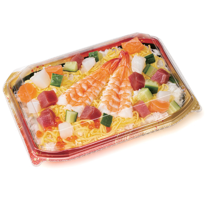 Chirashi Sushi in BioPET Neo Shell Hinged Black/Red Take-Out Sushi Tray 8.2" x 5.8" (300/case)