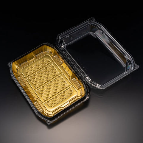 [Clearance] BioPET Neo Shell Hinged Gold Take-Out Sushi Tray 8.2