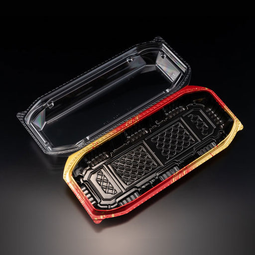 BioPET Neo Shell Hinged Black/Red Take-Out Sushi Tray 9.6" x 4.1" (400/case)