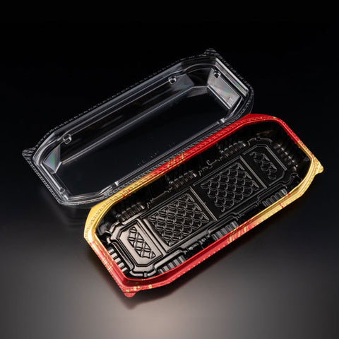[Clearance] BioPET Neo Shell Hinged Black/Red Take-Out Sushi Tray 9.6
