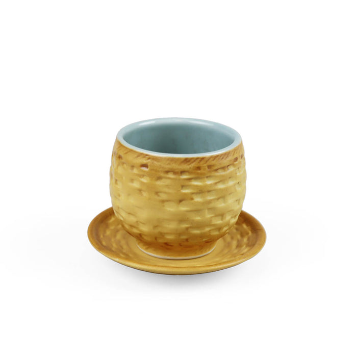 Light Brown Rattan Pattern Yunomi Teacup with Saucer