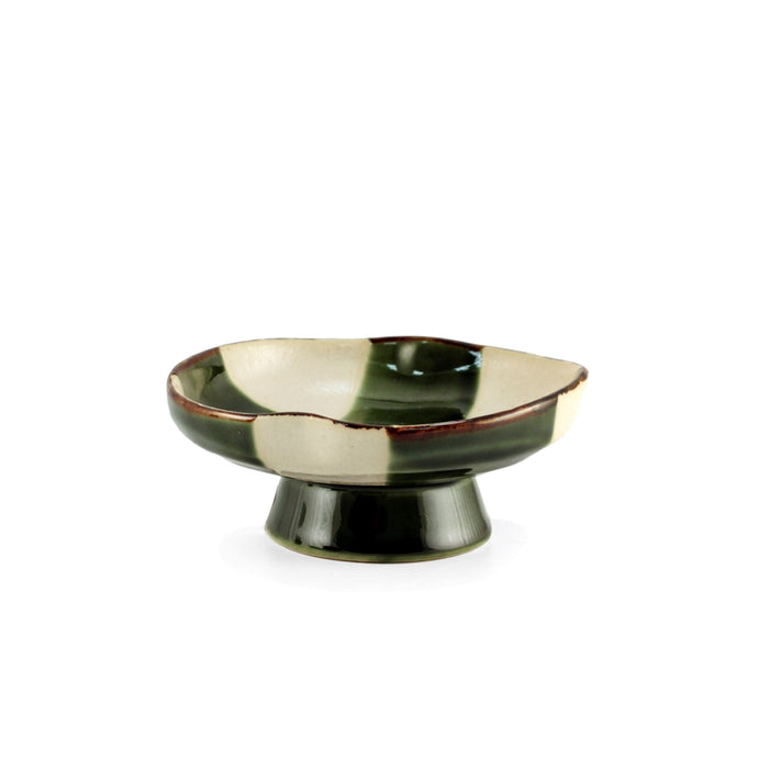 Oribe Green & Ivory Checkered Kobachi Dish with Stand 4.72" dia