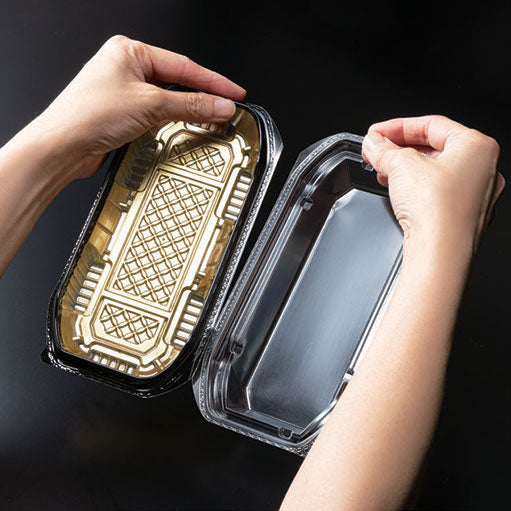 BioPET Neo Shell Hinged Gold Take-Out Sushi Tray - Easy to separate body and lid