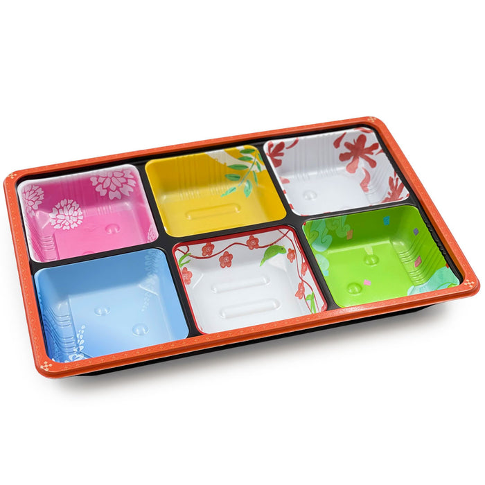 [Clearance] Colorful Printed PP 6-Compartment Takeout Bento Box 11" x 7.25" (50/pack) - No lids