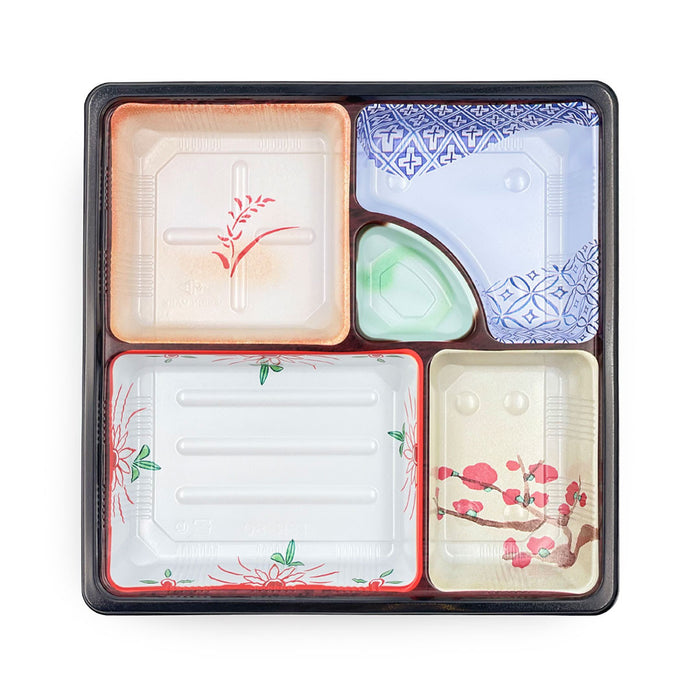 Colorful Printed PP 4-Compartment Takeout Bento Box 9.5" x 9.5" (50/pack) - No lids